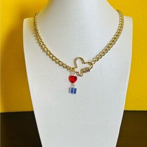 Gold Heart Pendant Necklace with Red and Blue Accents
